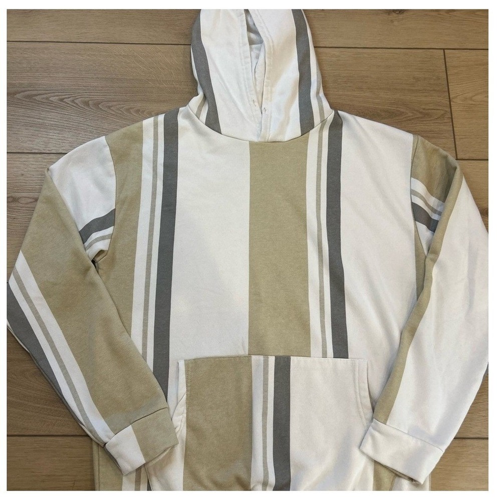 Denim & Flower Ricky Singh Mens Large Tan White Striped Fleece Hoodie Sweatshirt